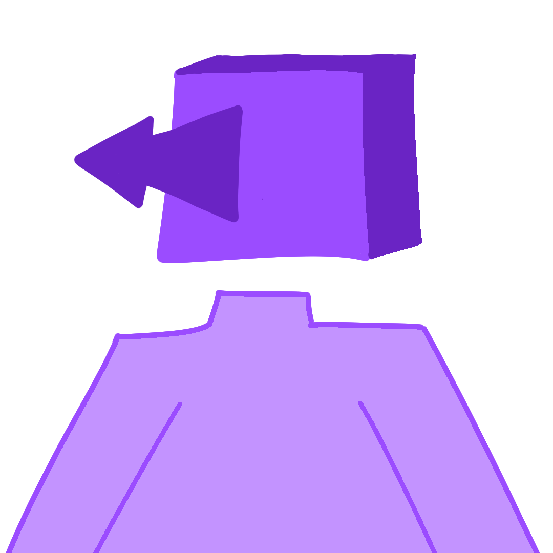 purple figure with a cube head. An arrow points out from the head to the left.